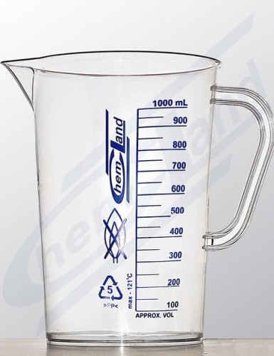 Zlewka PP 100 ml z uchem i wylewem, skala niebieska, Chemland