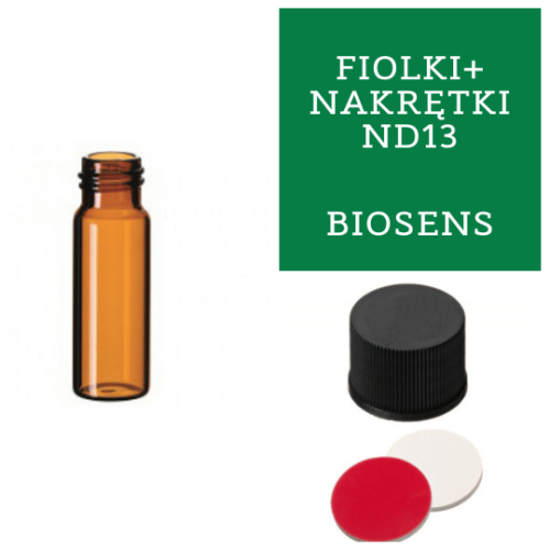 Zestaw. Fiolki szklane ND13, bursztynowe, objętość 4 ml. Bez pola do opisu. Czarna nakrętka bez otworu, septa czerwony PTFE/biały silikon. Opakowanie 100 szt.