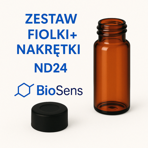 Zestaw Fiolki bursztynowe EPA ND24 20 ml + nakrętki septa naturalny PTFE/naturalny silikon. 