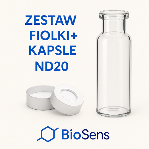 Zestaw. Fiolki Headspace, 20 ml, zaciskane, przeźroczyste, ND20, płaskie dno. Aluminiowy kapsel z otworem, do vialek Headspace 10/20 ml, PTFE/silikon Opakowanie 100 szt.  