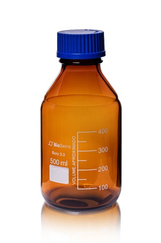 butelka szklana ORANŻ z niebieską nakrętką BORO 3.3, gwint GL 45 500ml BIOSENS 