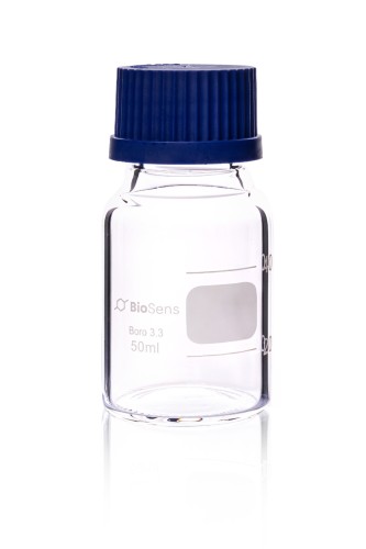 butelka szklana z niebieską nakrętką BORO 3.3, gwint GL 45 50ml BIOSENS