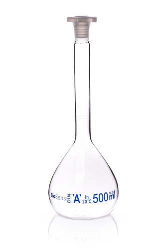 Kolba miarowa klasa A z korkiem PP, 500ml szlif 19/26 BIOSENS