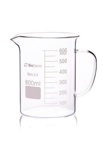 zlewka niska z uchem BIOSENS 600ml, z wylewem i podziałką, borokrzem