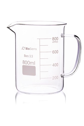 zlewka niska z uchem BIOSENS 800ml, z wylewem i podziałką, borokrzem