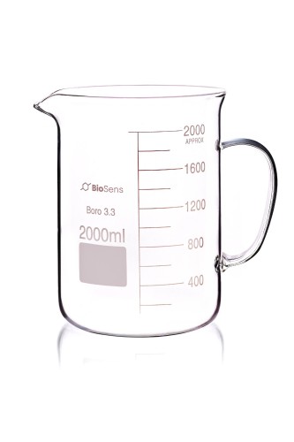 zlewka niska z uchem BIOSENS 2000ml, z wylewem i podziałką, borokrzem