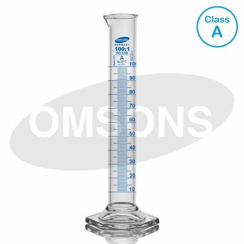 Cylinder miarowy szklany z podziałką 100 ml, stopa szklana sześciokątna, Certyfikat