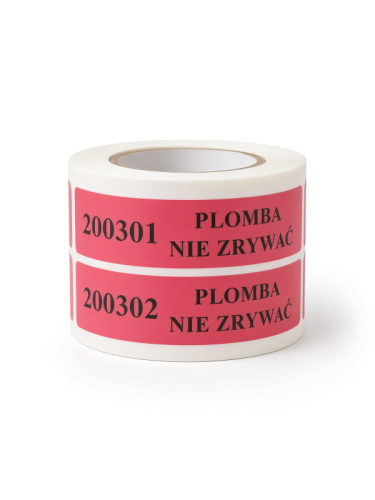 Etykieta samoprzylepna plombująca OPEN VOID, 210x20mm z nadrukiem: plomba nie zrywać, numeracja 6-cyfrowa. Rolka 200 szt.