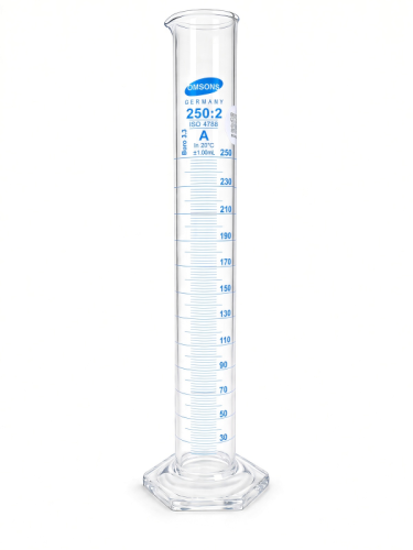 Cylinder miarowy szklany z podziałką 250 ml, stopa szklana sześciokątna, Certyfikat