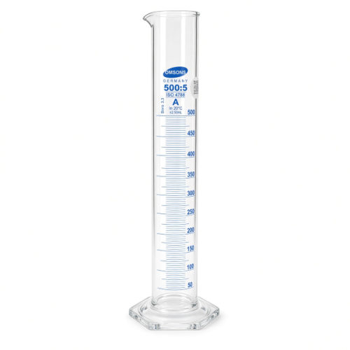 Cylinder miarowy szklany z podziałką 500 ml, stopa szklana sześciokątna, Certyfikat