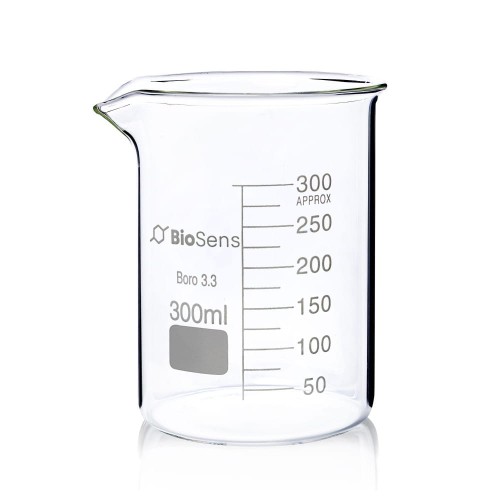 Zestaw. Zlewka niska BIOSENS 300ml, z wylewem i podziałką, borokrzem. Opakowanie 8 szt.