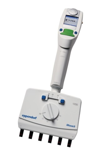 Pipeta wielokanałowa Eppendorf Xplorer® plus Move It®, 6-kanałowa, rozstaw 9-20 mm, 50 – 1 200 µL, zielony