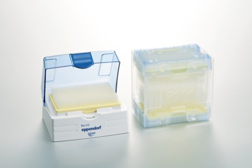 Końcówki do pipet epT.I.P.S.® 384 Set, Eppendorf Quality, 5 – 100 µL, 53 mm, jasnożółty, końcówki bezbarwne, 1 920 końcówek (5 tacek × 384 końcówki), 1 pudełko wielorazowe