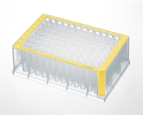 Płytka Eppendorf Deepwell Plate 96/1000 µL, Protein LoBind®, dołki bezbarwne, 1 000 µL, PCR clean, żółty, 20 płytek (5 torebek × 4 płytki)