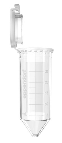 Probówki stożkowe Eppendorf Conical Tubes 25 mL, pokrywka SnapTec®, 25 mL, Pakiet startowy, 4 statywy na jedną probówkę, 6 adapterów do rotorów z otworami na probówki stożkowe 50 mL, PCR clean, bezbarwny, 200 probówek (5 torebek × 40 probówek)