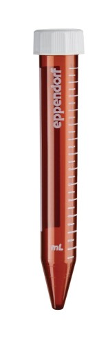 Probówki stożkowe Eppendorf Conical Tubes, 15 mL, sterylne, wolne od pirogenów, DNaz, RNaz i DNA ludzkiego i bakteryjnego, bursztynowy (ochrona przed światłem), 200 probówek (4 torebki × 50 probówek)