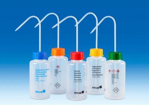 Tryskawka bezpieczna VITsafe™ 500 ml z nadrukiem ETHANOL, szeroka szyjka GL 45, PE-LD, Vitlab