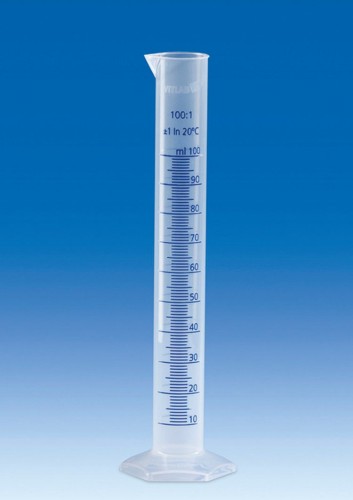 Cylinder miarowy PP 50 ml z wylewem, skala niebieska, Vitlab