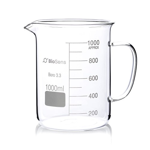 zlewka niska z uchem BIOSENS 2000ml, z wylewem i podziałką, borokrzem